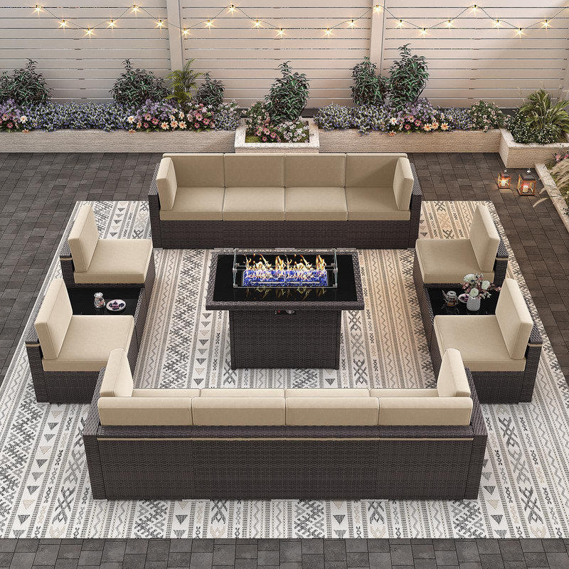  Ensemble de mobilier de patio 15 pièces avec table de foyer, ensemble de conversation extérieur, canapé modulaire en rotin d'osier avec table basse