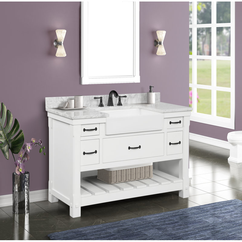 Meuble-lavabo simple 48 po Dilkhush avec plateau en marbre naturel de Carrare de qualité supérieure, blanc tourterelle, pré-assemblé