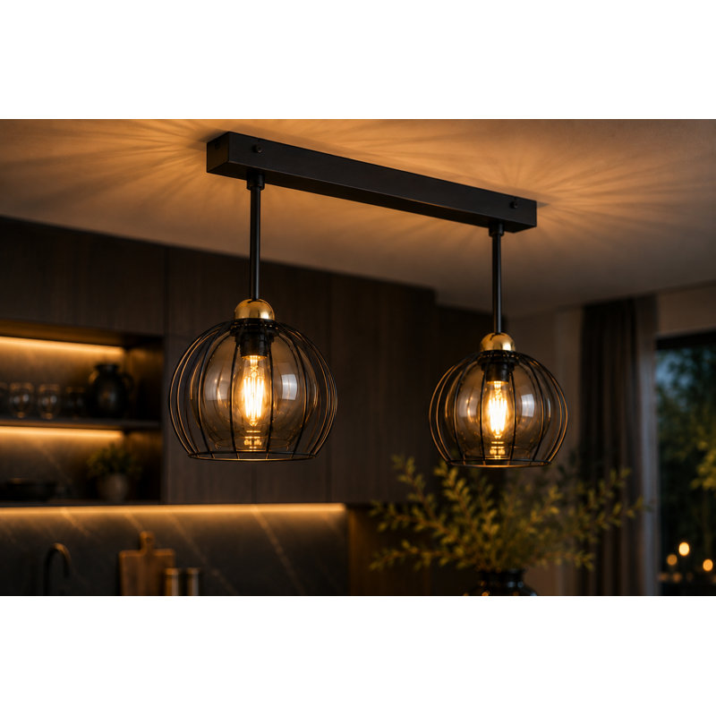 Glass Semi Flush Mount, Matt Black/Gold, 60cm W x 20cm D, 2 Lights