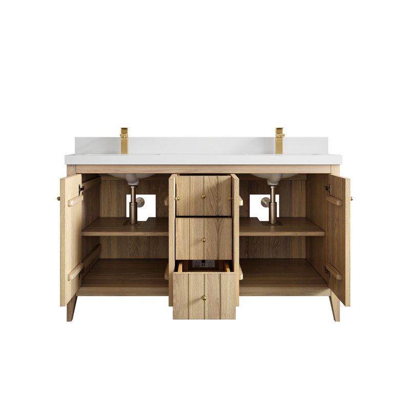 Bois de chêne blanc Atlanta X P 22 po D Meuble-lavabo double avec 2 po Quartz, Blanc