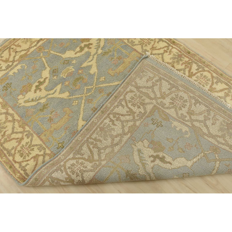 Tapis jaune / gris en laine noué à la main de conception unique 4 pi 1 po x 6 pi 3 po