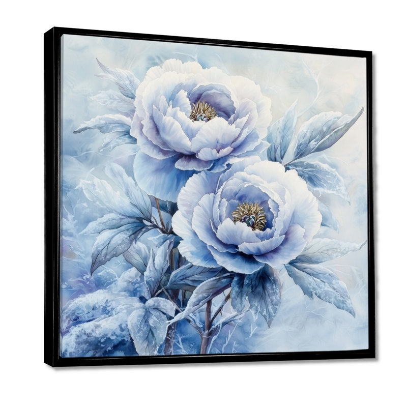 Pivoine bleue glacée - art mural pivoines, Impression encadrée flottante, Noir, noir, noir, noir, H 16 po x l 16 po