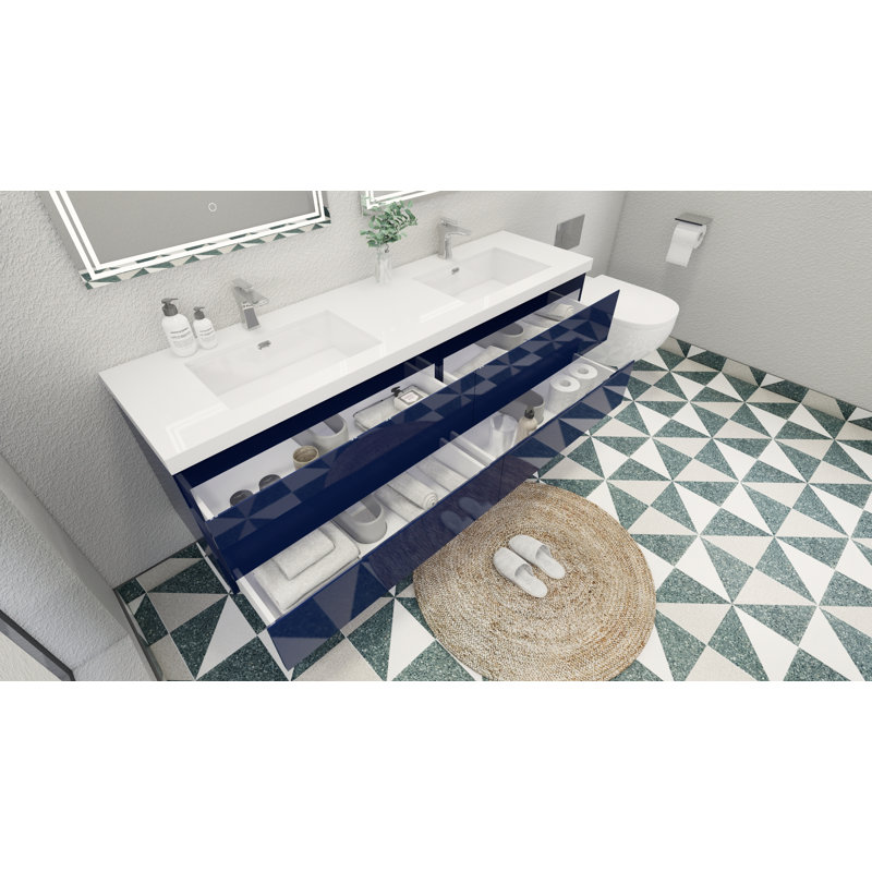 Aylanna 72" Wall-Mounted Double Bathroom Vanity Set, Hight Gloss Night Blue