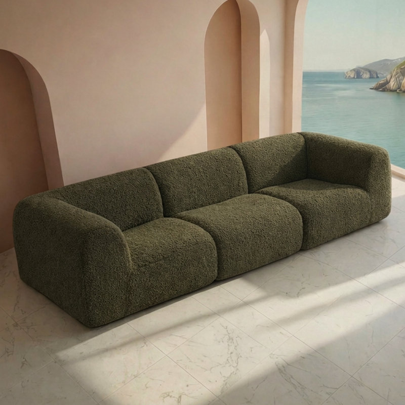 110.24" Curved 3-Seat Boneless Sectional Sofa, Modern Deep Seat Sherpa Boucle Couch, Compression, No Assembly, Teddy - Green