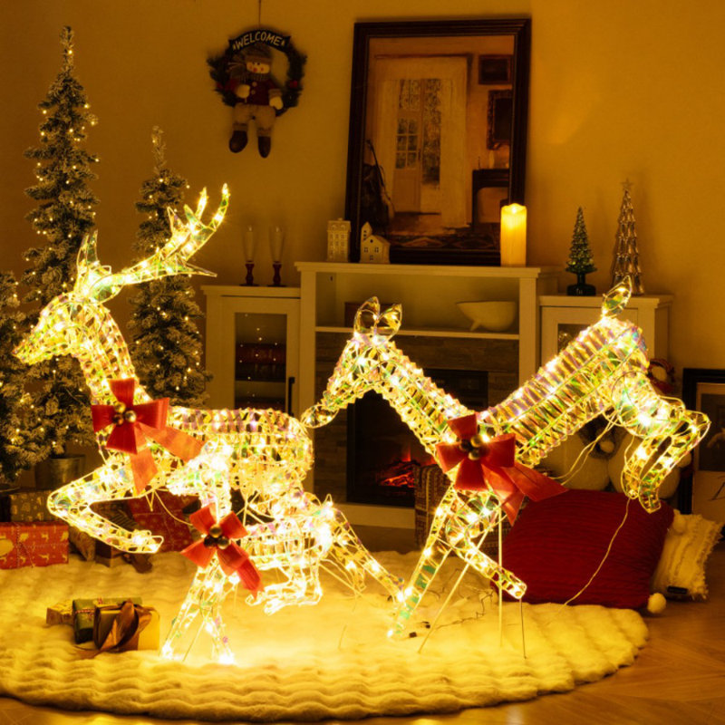 Warm White LED Lighted Reindeer Family Set with Red Bows