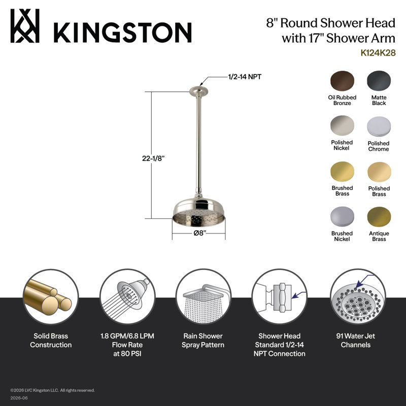 Pomme de douche ronde en laiton avec bras de plafond de 17 po Kingston, Laiton poli