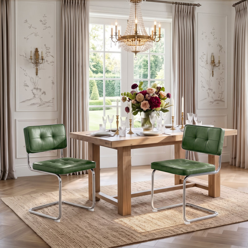 Chaise en porte-à-faux capitonnée en cuir Marlow, Vert, Chrome chrome