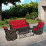 Ensemble de patio extérieur en osier pour 5 personnes avec canapé 3 places, chaises, table basse et coussin rouge