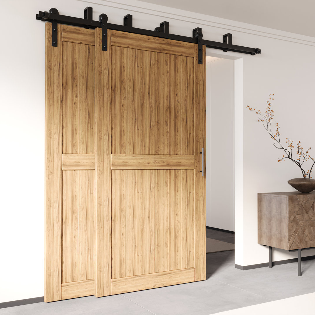 Black Rustic Straight Design U Bracket Double Track Bypass Two Door Barn Door Hardware Kit Vancleef Track 