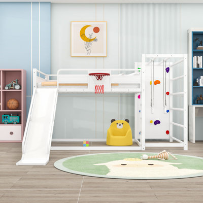 Metal Loft Bed with Slide and Bookshelves
