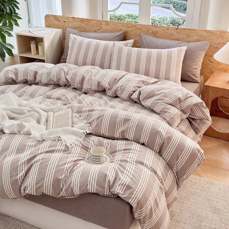 Ensemble de housse de couette rayé 100% coton délavé 3 pièces DONEUS, Housse de couette grand et 2 taies d'oreiller stan