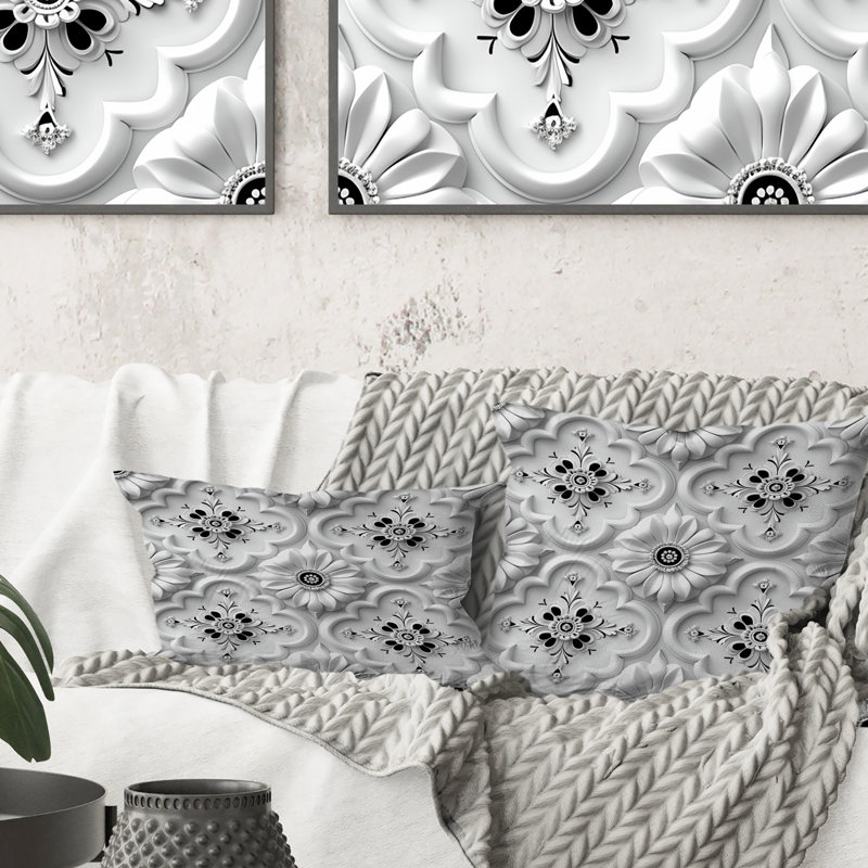 Blanc treillis floral noir - coussin décoratif moderne, H 16 po x l 16 po