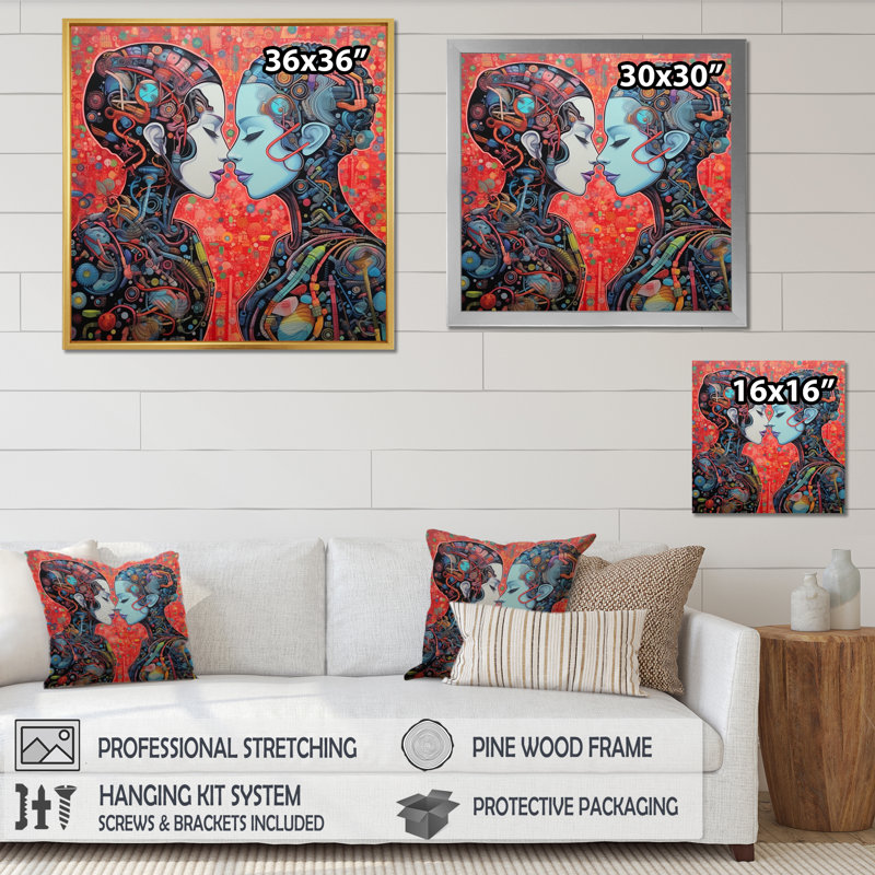 Charmant Robots célébrant l'amour rétro - reproduction sur toile, H 16 po x l 16 po x P 1 po, Cadre simple noir