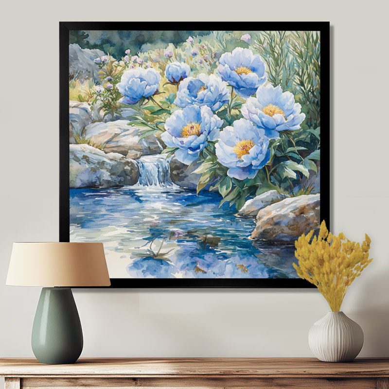Montagne, pivoines au bord de la rivière I - pivoines, art mural pour le salon, Reproduction encadrée d'une seule photo, Noir