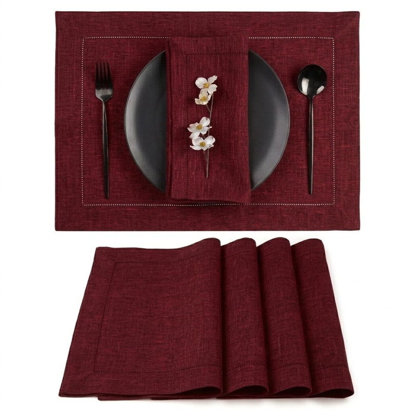 Ensemble de 4 napperons 100% lin rouge foncé