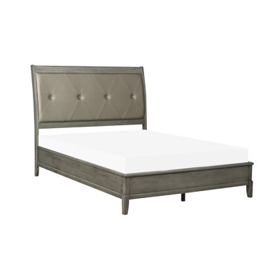 Gray Finish, Full Size Bed, Transitional Style, Button - , Faux Leather, Upholstered Headboard, , Rails, Wood Frame, Bedroom Gray, Upholstered, Transitional,