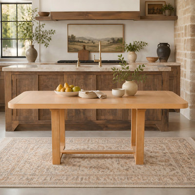 Extendable Solid Wood Dining Table, 60-84inch Rectangular Kitchen Table with Rounded Corners, Removable Leaf, Groove Line Detailing, Stretcher Base &