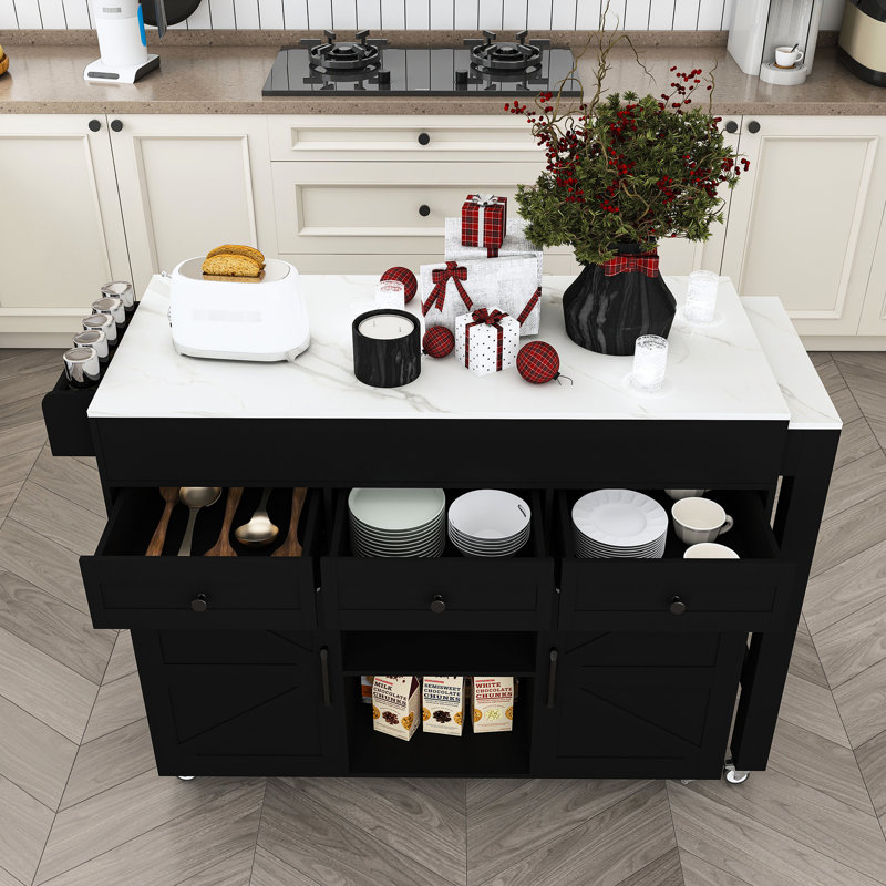 74.8" Kitchen Island With Extendable Dining Table, Marble Veneer Top & Built-In Power Outlet - Mobile Storage Cart With 3 Drawers & Cabinet, Rolling Kitchen Cart For Dining Room