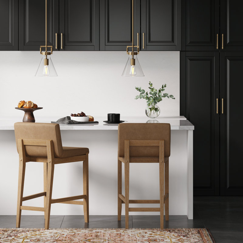 Gracie Light Brown Wood Counter Height Bar Stools with Upholstered Seats, Set of 2