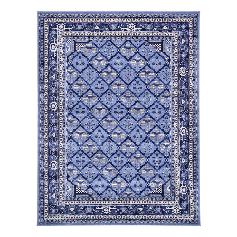 Tapis géométrique bleu / ivoire / bleu marine / bleu clair Hartle, Rectangle 9 pi 10 po x 13 pi