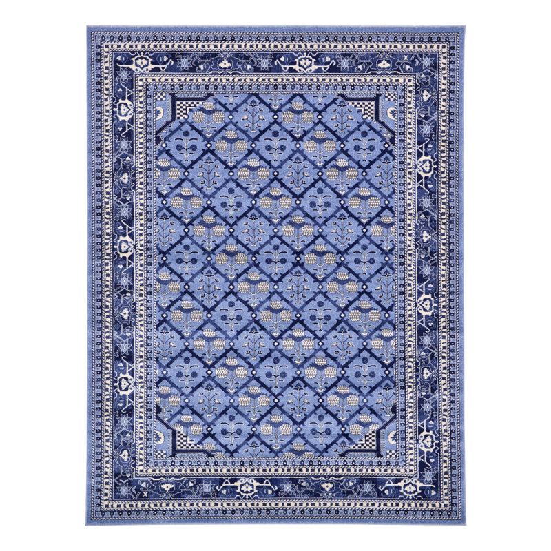 Tapis géométrique bleu / ivoire / bleu marine / bleu clair Hartle, Rectangle 3 pi 3 po x 5 pi 3 po