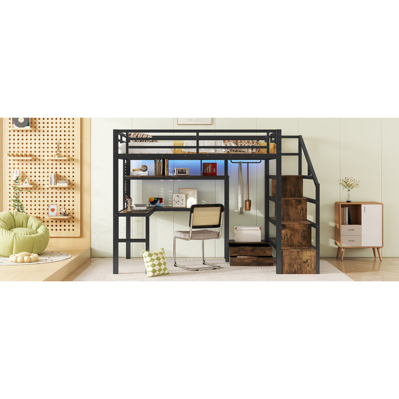 Lit mezzanine multifonctionnel en métal avec solutions de rangement pour espaces créatifs pour enfants