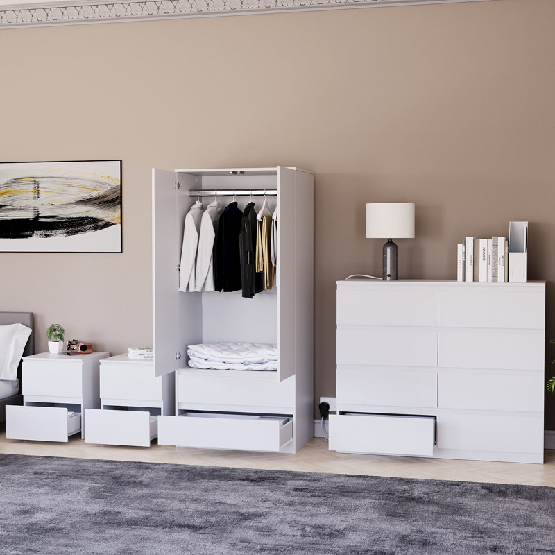 Tanino 4 Piece Bedroom Set (2 Drawer Large Bedside Chest X2, 8 Drawer Chest, 2 Door 2 Drawer Wardrobe), White