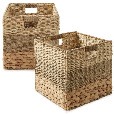 10.5" Mixed Weave Hyacinth Seagrass Storage Basket Cubes, Natural - Set of 2