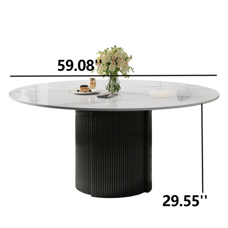 Table de salle à manger ronde 59,08 po, plateau circulaire en marbre avec base en acier inoxydable noir, Blanc