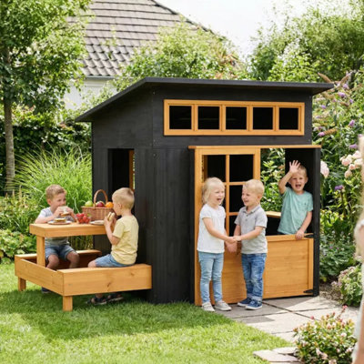 Maisonnette en bois pour enfants avec table de pique-nique, tableaux noirs et fenêtres pour les enfants de 3 à 8 ans