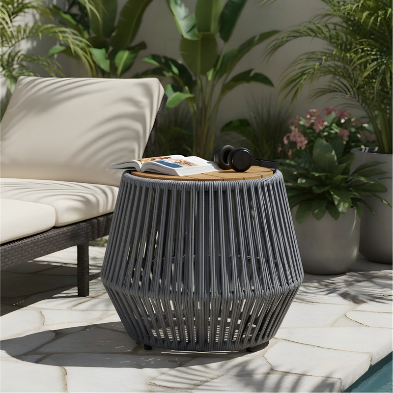 Acacia Wood Side Table with Rope Base, Beige