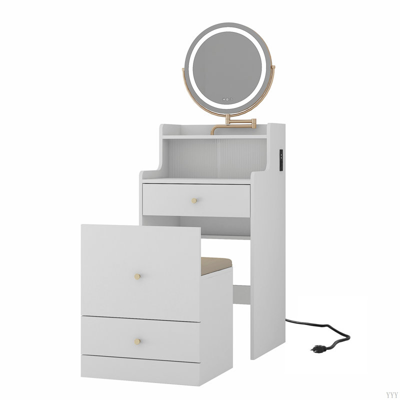 Ensemble de coiffeuse 3 en 1 avec miroir et lumière, petit ensemble de coiffeuse avec station de recharge, 2 tiroirs et espace de rangement ouvert, avec tabouret rembourré, bureau de coiffeuse compact