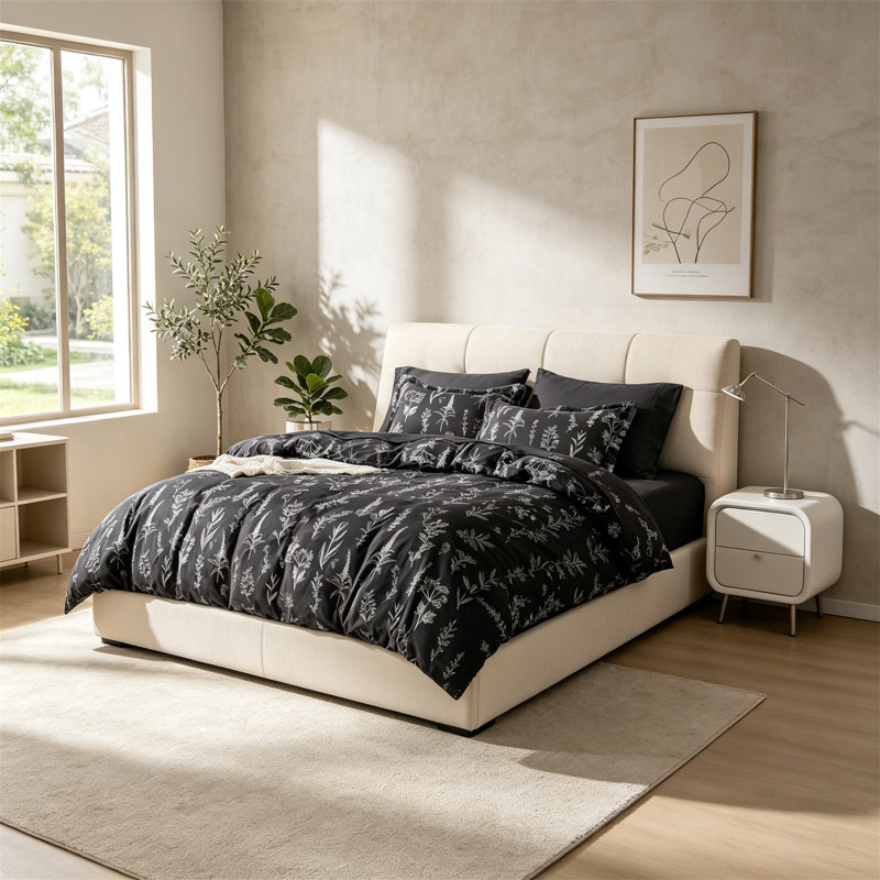 Reversible Black Botanical King Comforter Set, 7 Piece Bed in a Bag, King