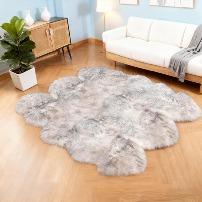 Luxurious Plush White and Gray Faux Sheepskin Rug