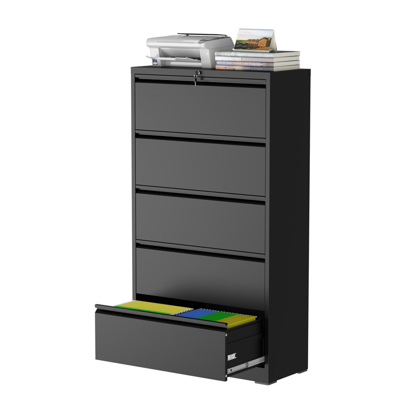 5-Drawer Metal File Lateral Cabinet – 35.43" W with Lock, Black