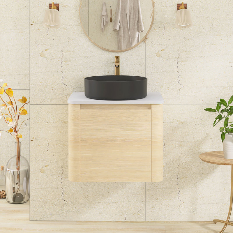Meuble-lavabo mural simple 23,6 po avec dessus en pierre reconstituée, Ameican White Oak