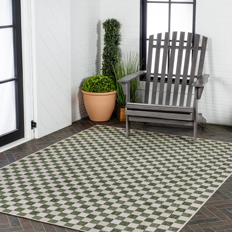 Aimee Traditional Cottage Checkerboard Green/Cream Indoor/Outdoor Rug, Rectangle 5'3" x 7'7"