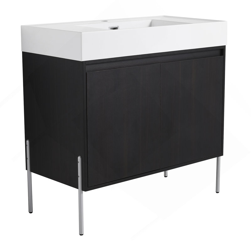 Meuble-lavabo autoportant avec lavabo en résine, armoire de rangement avec portes à fermeture douce (ensemble KD), 35.44"
