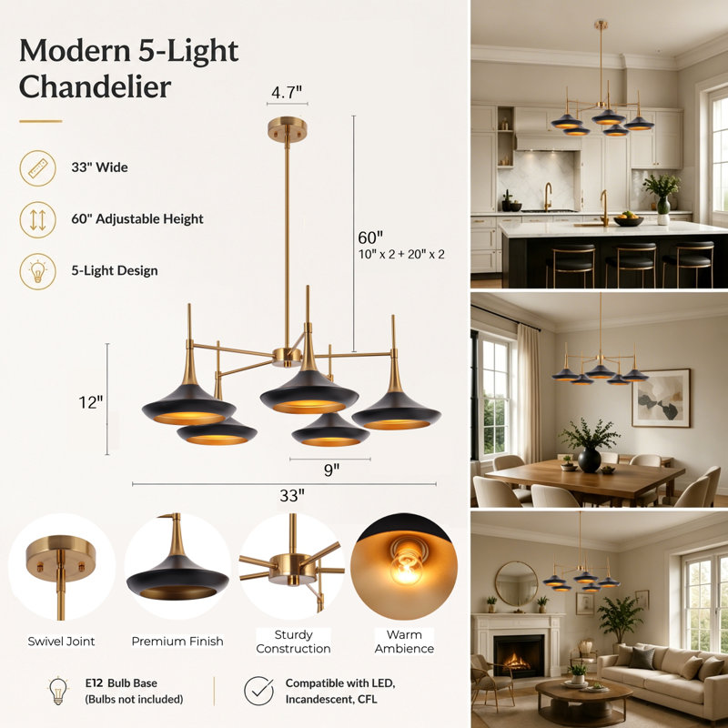 Justyce 5 - Light Dimmable Wagon Wheel Chandelier, Black/Brass