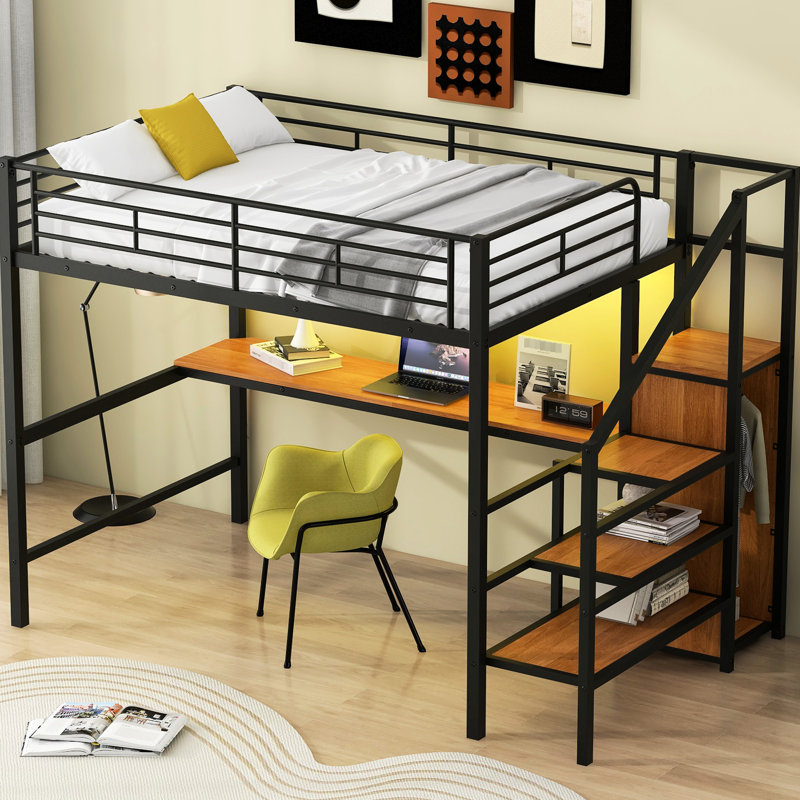 Lit mezzanine double en métal noir avec bureau, escalier de rangement, petite armoire, conduit pour le codage en écoutant de la musique