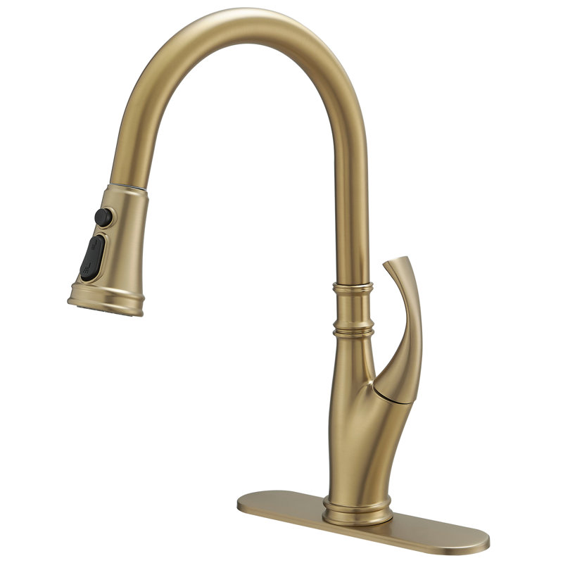 Robinet de cuisine monocommande à bec rétractable et extractible à 3 jets avec plaque de pont en or brossé, Or brossé