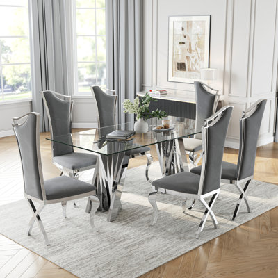 7-Piece Glass Dining Table Set, 70" Modern Irregular Stainless Steel Legs With Streamlined High Back Chairs With X-Shaped Legs For Kitchen, Home Office