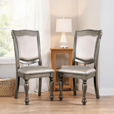 Set of 2 Traditional Side Chairs, Solid Wood Frame with Soft Gray Faux Leather Upholstery, Turned Legs for Kitchen or Dining Room