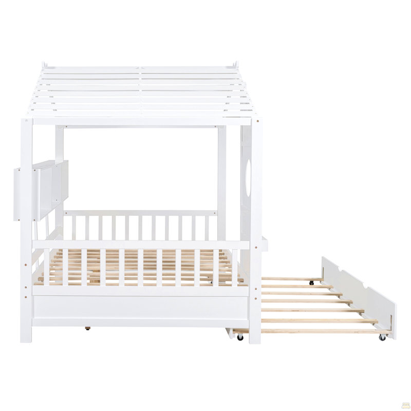 Lit double en bois avec lit gigogne, Blanc