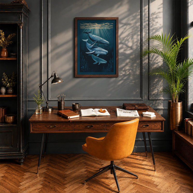 Whales in Blue Depths Coastal - Framed Print, A2 - 59.4 x 42.0 cm, Walnut