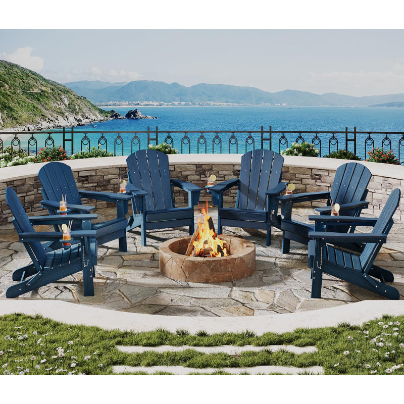 Folding Adirondack Chair, HDPE Outdoor Patio Chair with Cup Holder, Weather Resistant Wood Texture, Navy