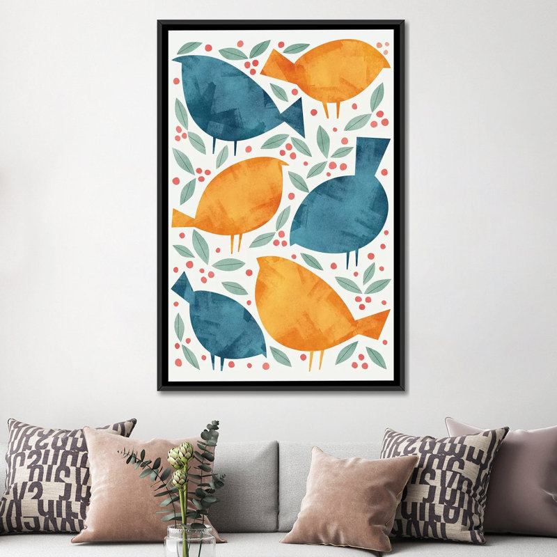 « oiseaux »-impression sur toile tendue, H 26 po x l 18 po x P 1,5 po, Toile avec cadre noir, Pas de tapis