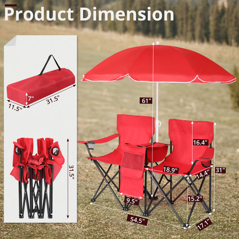 Portable Two Person Fishing Chair With Removable Umbrella, Red