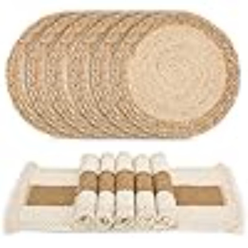 Handmade Boho Placemats Set Of 6 - Natural Cotton Burlap And Water Straw Woven Combination Table Mats, Macrame Décor And Farmhouse Style Placemats, For Dining Table Kitchen