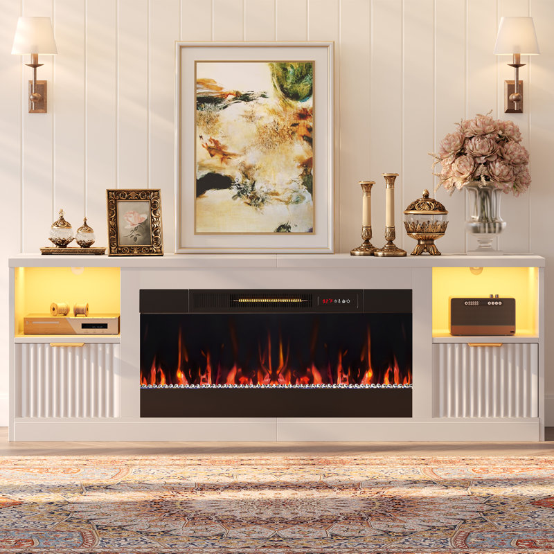 White Modern Fluted Fireplace TV Stand with Gold Handles